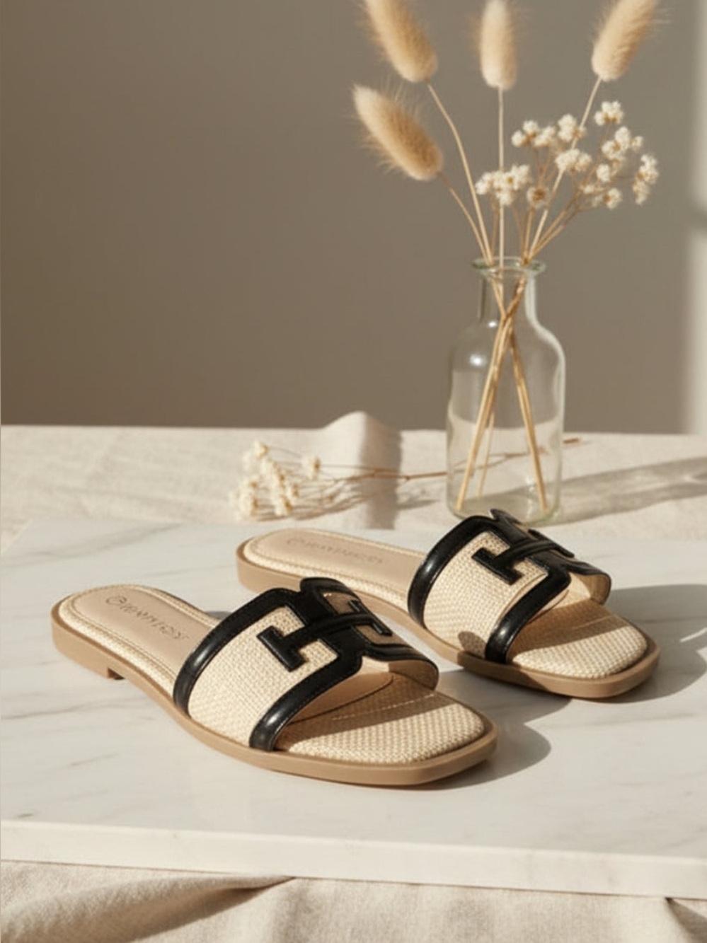 BOARDWALK BLACK AND RAFFIA LEATHER LINE DESIGN SLIP-ON SANDALS Multiple Sizes